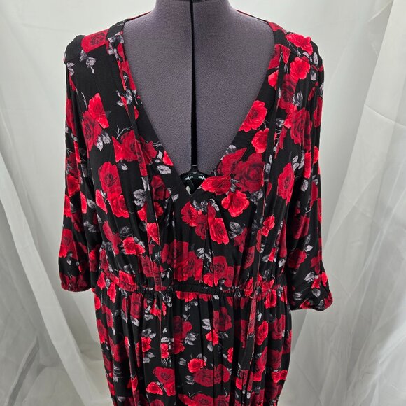 718-5 Torrid Midi Stretch Challis Tie Neck Dress Rose Black Floral Size 2 18/20 - Picture 5 of 16